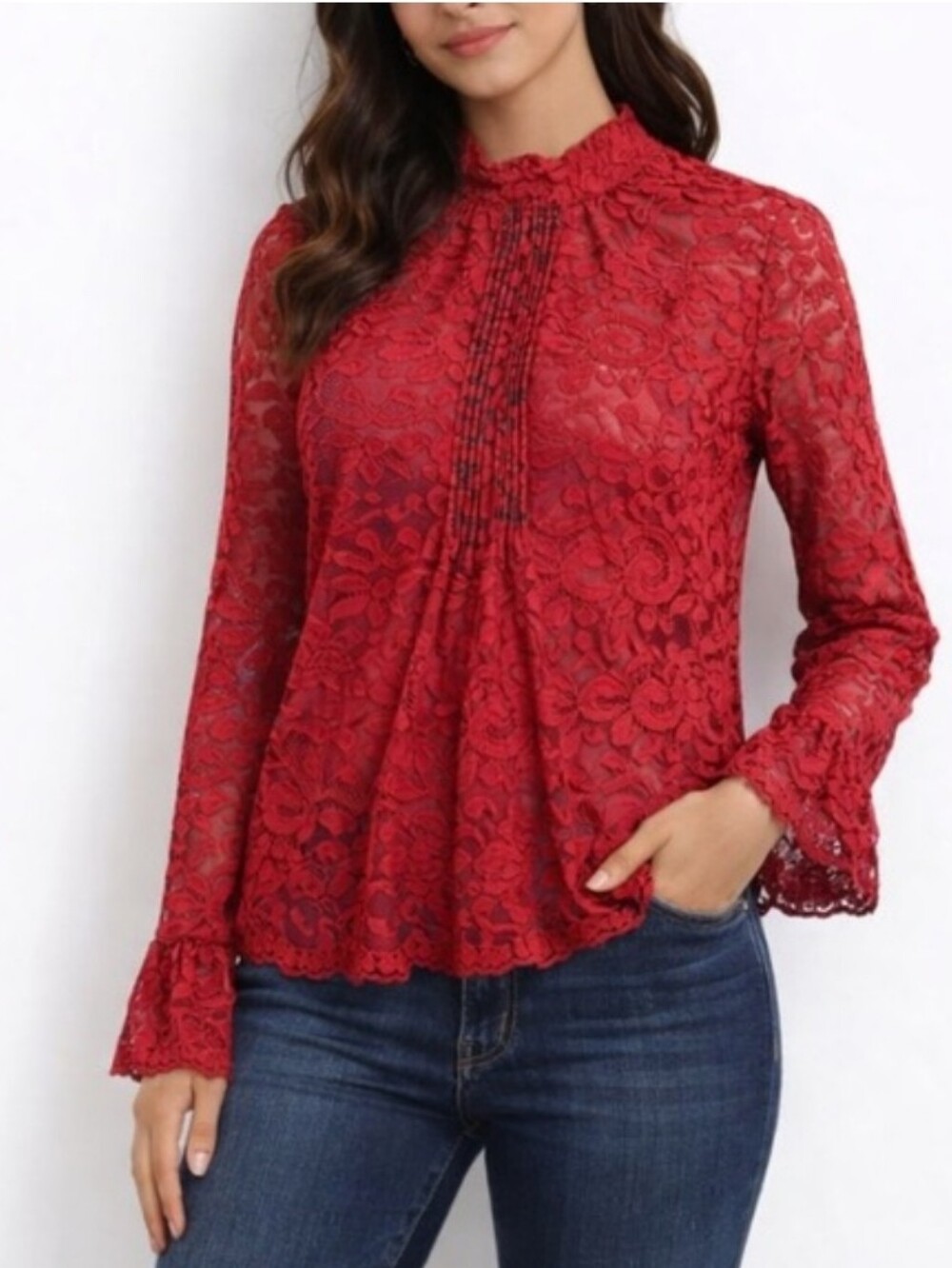 J.‎ Crew Vibrant Red Lace Blouse with Flared Long Sleeves
